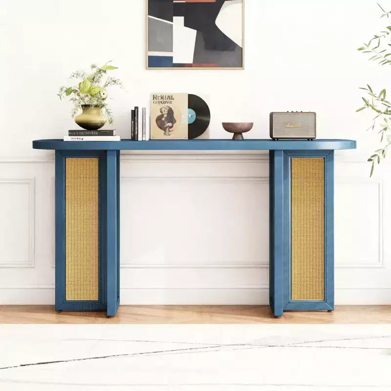Consolle stretta in rattan con piano ovale e contenitore