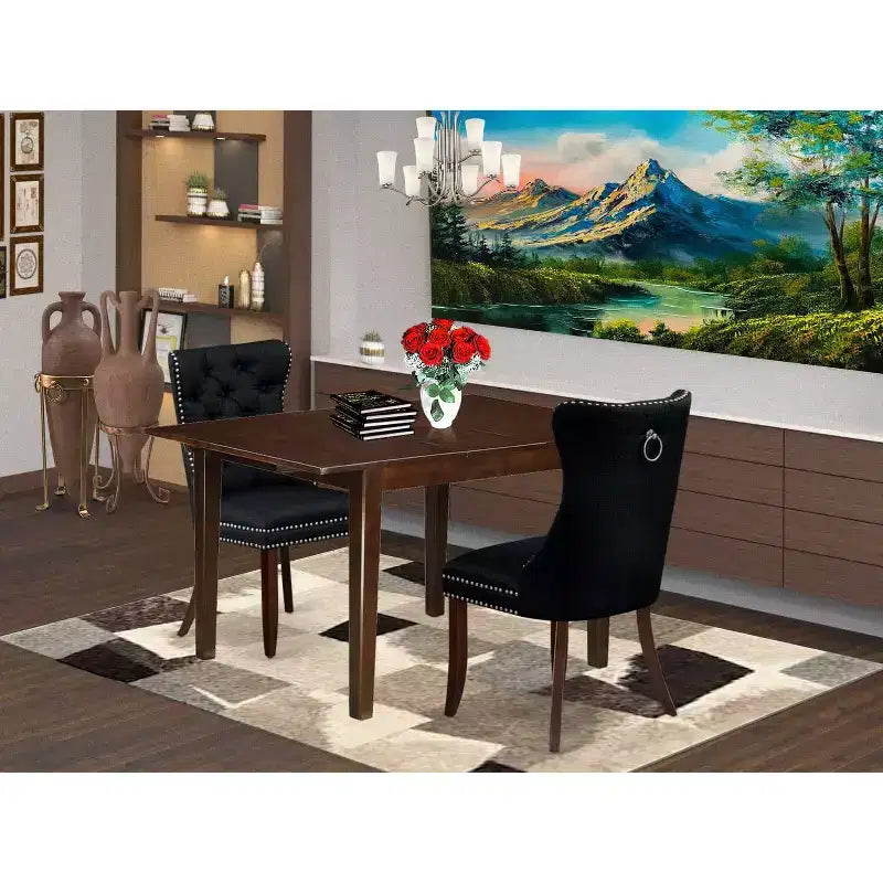 Set da pranzo in 3 pezzi con finitura mogano, con prolunga a farfalla, 2 posti a sedere