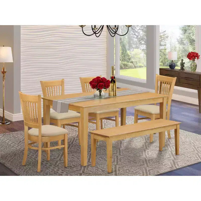 Set da pranzo in rovere naturale da 6 pezzi con panca e 4 sedie