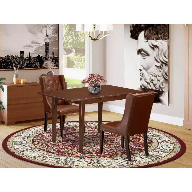 Set tavolo da pranzo 3 pezzi con finitura mogano, con prolunga a farfalla, 2 posti