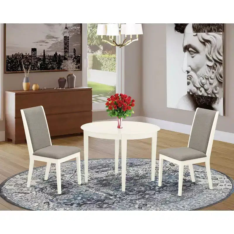 Set da pranzo da 3 pezzi in legno massello con tavolo rotondo lino bianco