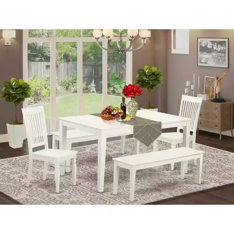 Set da pranzo rettangolare in 5 pezzi lino bianco con 2 panche e 2 sedie