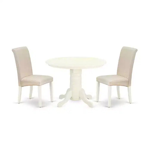 HomeStock 3-Pc Linen white Solid Wood Top - Round Dining Room Set - Seats 4