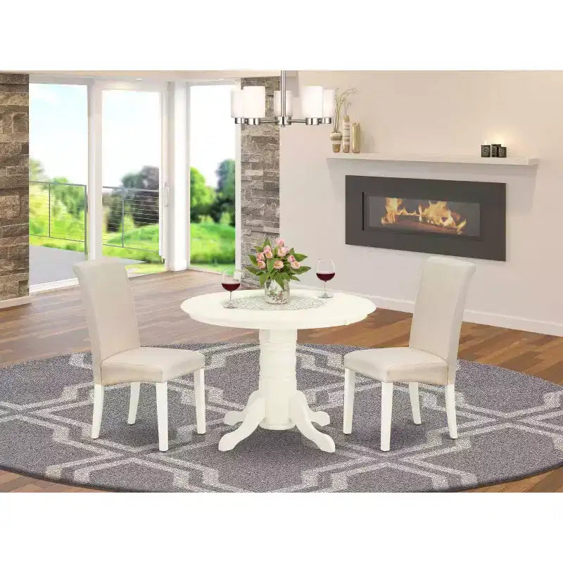 Set da pranzo rotondo a 3 pezzi in legno massello bianco lino, 4 posti a sedere