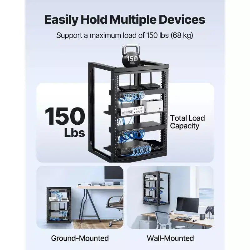 Armadio Rack da Parete 15U, Capacità 150 libbre, Open Frame con Oscillazione a 180 Gradi, Acciaio al Carbonio