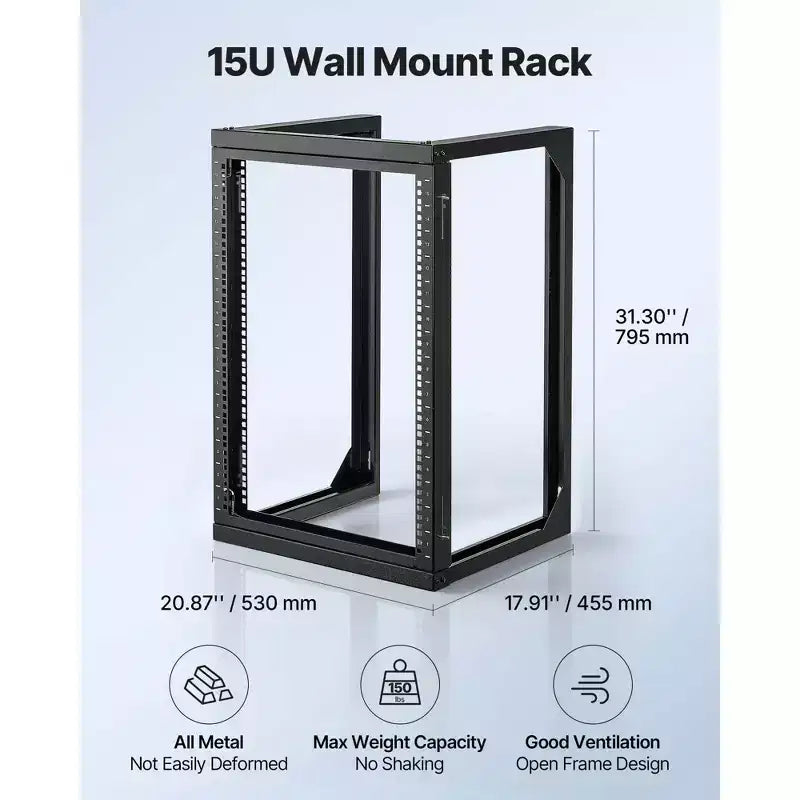 Armadio Rack da Parete 15U, Capacità 150 libbre, Open Frame con Oscillazione a 180 Gradi, Acciaio al Carbonio