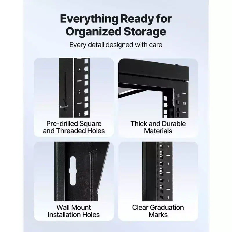 Armadio Rack da Parete 15U, Capacità 150 libbre, Open Frame con Oscillazione a 180 Gradi, Acciaio al Carbonio