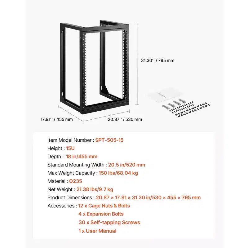 Armadio Rack da Parete 15U, Capacità 150 libbre, Open Frame con Oscillazione a 180 Gradi, Acciaio al Carbonio