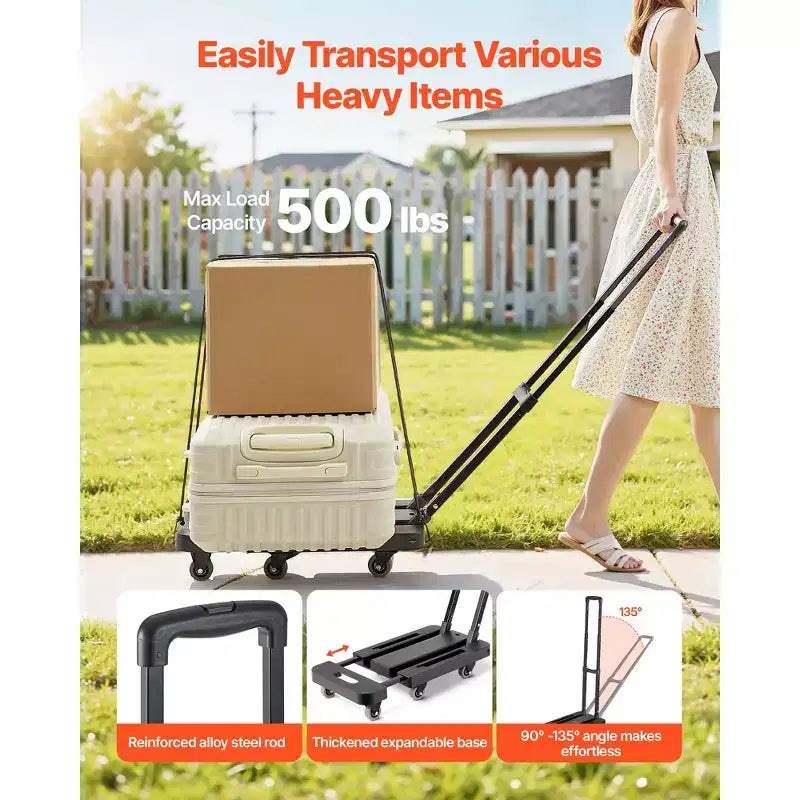 Carrello Pieghevole, Capacità 227 kg, 6 Ruote con Base Espandibile, Nero