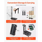Carrello Pieghevole, Capacità 227 kg, 6 Ruote con Base Espandibile, Nero