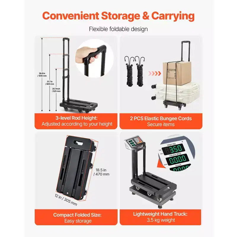 Carrello Pieghevole, Capacità 227 kg, 6 Ruote con Base Espandibile, Nero
