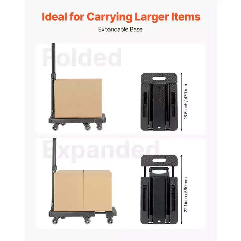 Carrello Pieghevole, Capacità 227 kg, 6 Ruote con Base Espandibile, Nero