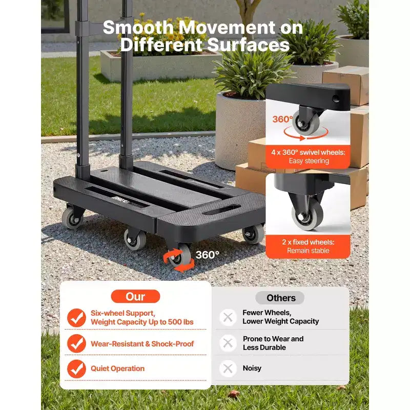 Carrello Pieghevole, Capacità 227 kg, 6 Ruote con Base Espandibile, Nero