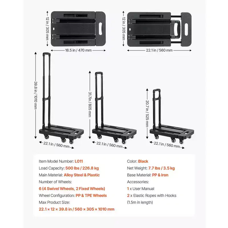Carrello Pieghevole, Capacità 227 kg, 6 Ruote con Base Espandibile, Nero