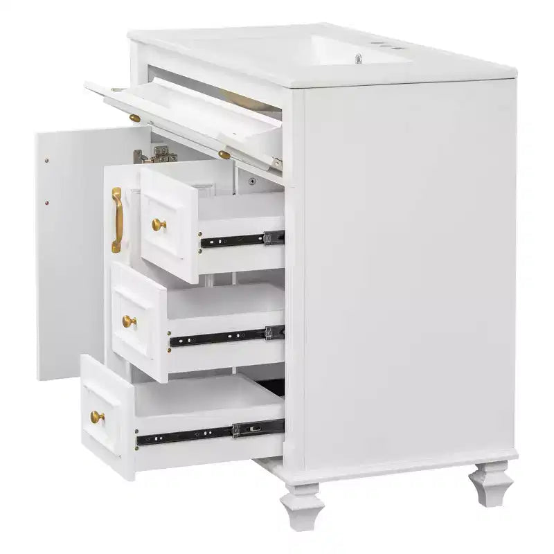 Mobile bagno da 90 cm con lavabo, 3 cassetti, 2 ante con chiusura ammortizzata, bianco con ferramenta oro