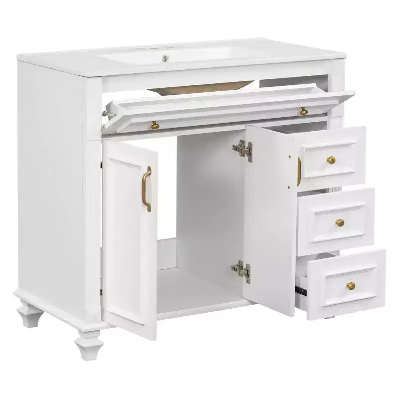 Mobile bagno da 90 cm con lavabo, 3 cassetti, 2 ante con chiusura ammortizzata, bianco con ferramenta oro