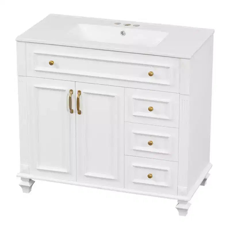 Mobile bagno da 90 cm con lavabo, 3 cassetti, 2 ante con chiusura ammortizzata, bianco con ferramenta oro