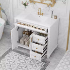 Mobile bagno da 90 cm con lavabo, 3 cassetti, 2 ante con chiusura ammortizzata, bianco con ferramenta oro