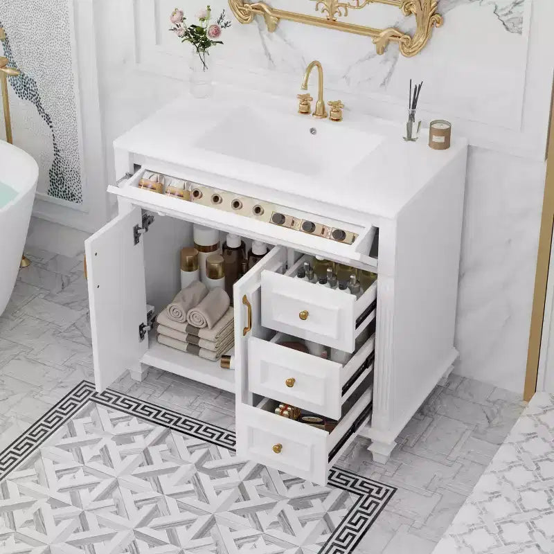 Mobile bagno da 90 cm con lavabo, 3 cassetti, 2 ante con chiusura ammortizzata, bianco con ferramenta oro