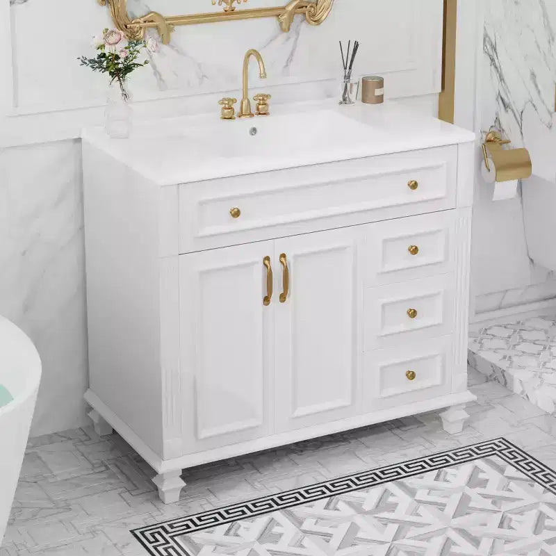 Mobile bagno da 90 cm con lavabo, 3 cassetti, 2 ante con chiusura ammortizzata, bianco con ferramenta oro