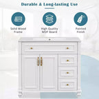 Mobile bagno da 90 cm con lavabo, 3 cassetti, 2 ante con chiusura ammortizzata, bianco con ferramenta oro