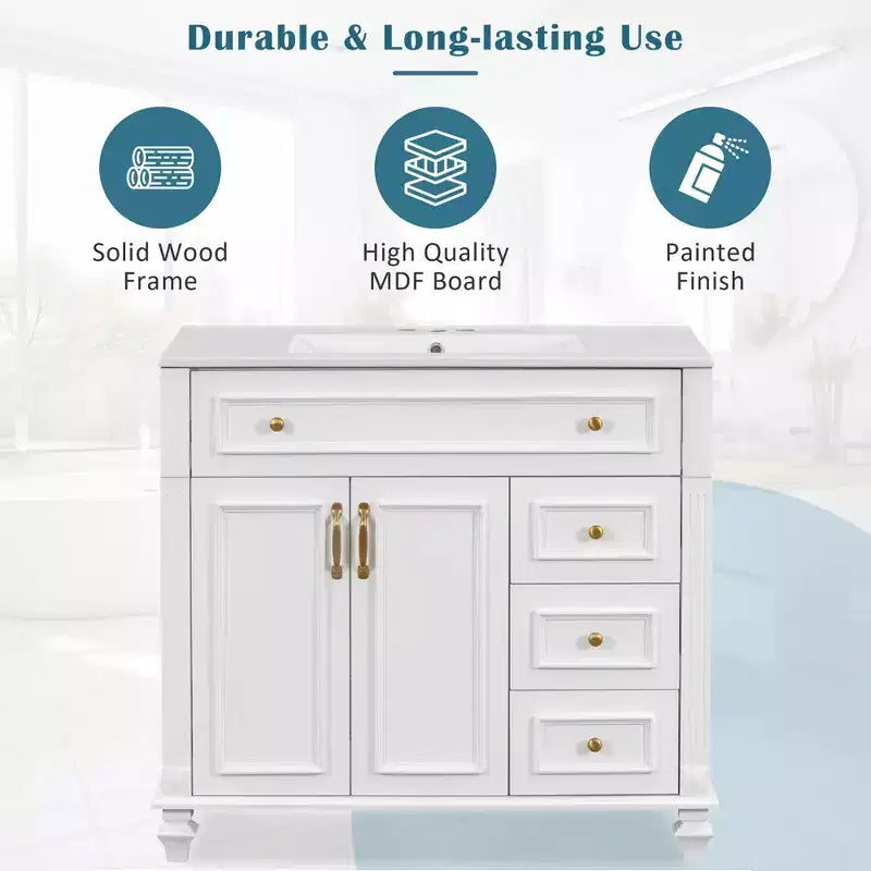 Mobile bagno da 90 cm con lavabo, 3 cassetti, 2 ante con chiusura ammortizzata, bianco con ferramenta oro