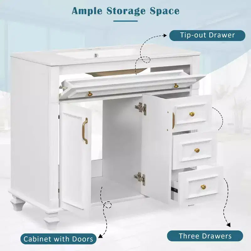 Mobile bagno da 90 cm con lavabo, 3 cassetti, 2 ante con chiusura ammortizzata, bianco con ferramenta oro