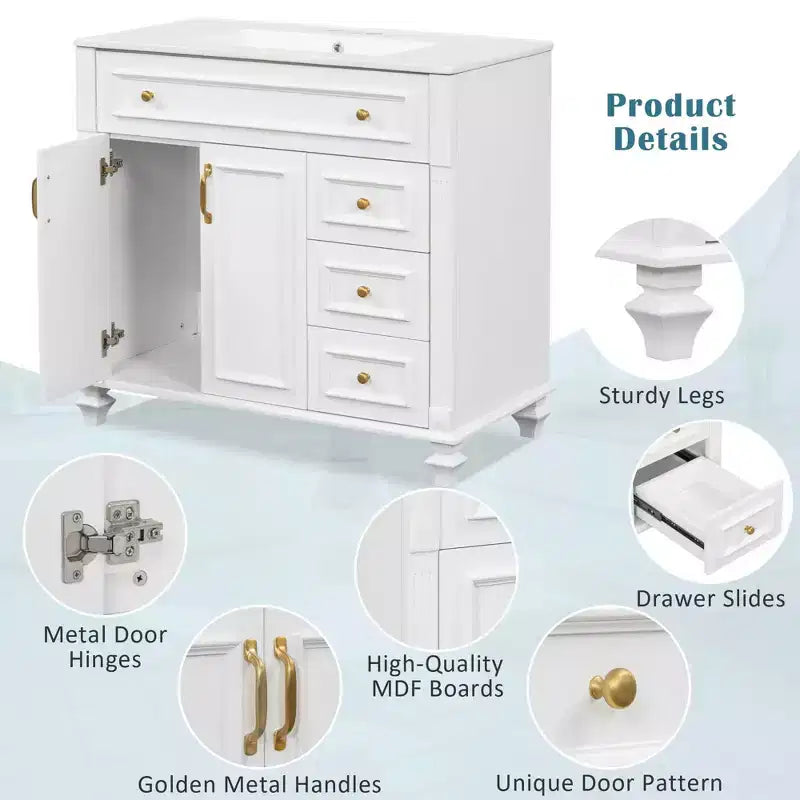 Mobile bagno da 90 cm con lavabo, 3 cassetti, 2 ante con chiusura ammortizzata, bianco con ferramenta oro