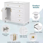 Mobile bagno da 90 cm con lavabo, 3 cassetti, 2 ante con chiusura ammortizzata, bianco con ferramenta oro