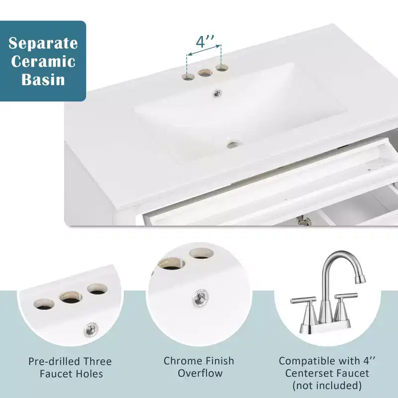 Mobile bagno da 90 cm con lavabo, 3 cassetti, 2 ante con chiusura ammortizzata, bianco con ferramenta oro