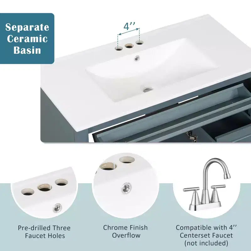 Mobile bagno da 90 cm con lavabo, 3 cassetti, 2 ante con chiusura ammortizzata, bianco con ferramenta oro