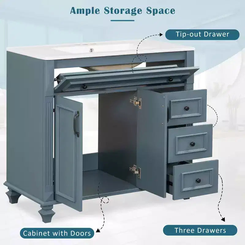 Mobile bagno da 90 cm con lavabo, 3 cassetti, 2 ante con chiusura ammortizzata, bianco con ferramenta oro