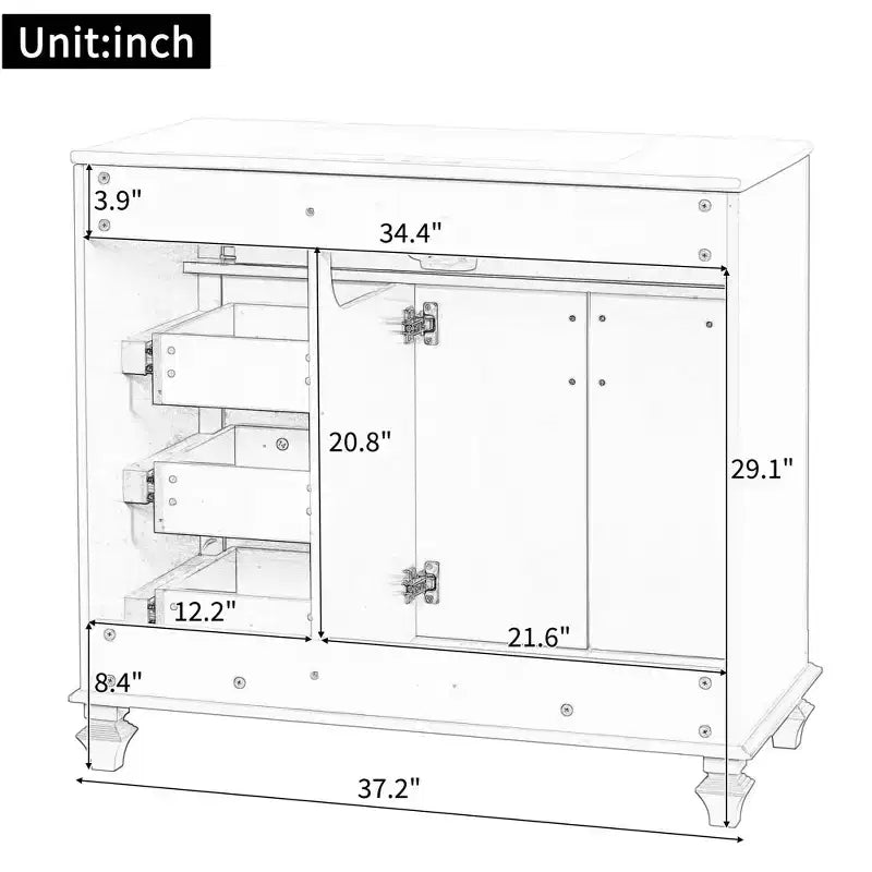 Mobile bagno da 90 cm con lavabo, 3 cassetti, 2 ante con chiusura ammortizzata, bianco con ferramenta oro