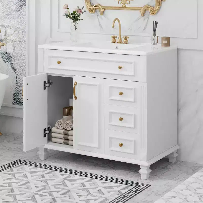 Mobile bagno da 90 cm con lavabo, 3 cassetti, 2 ante con chiusura ammortizzata, bianco con ferramenta oro