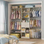 Sistema organizzativo per armadio Besiost da 2,4 metri con cassetti in legno e cubi, armadio bianco con 5 aste appendiabiti