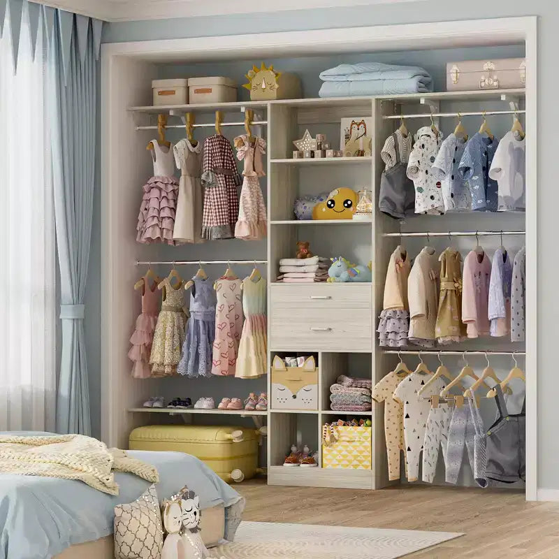 Sistema organizzativo per armadio Besiost da 2,4 metri con cassetti in legno e cubi, armadio bianco con 5 aste appendiabiti