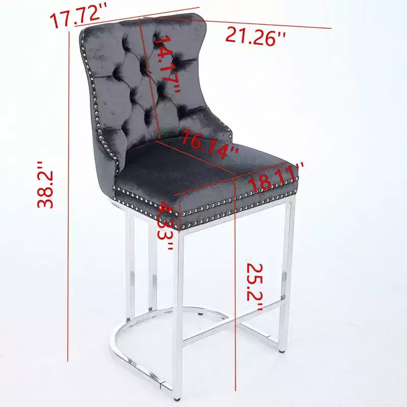 Set di 2 sgabelli da banco Okak da 26 pollici, sgabelli da bar moderni in velluto con schienale a bottoni e bordi rivettati, sedie da cucina in stile rustico con base in metallo cromato