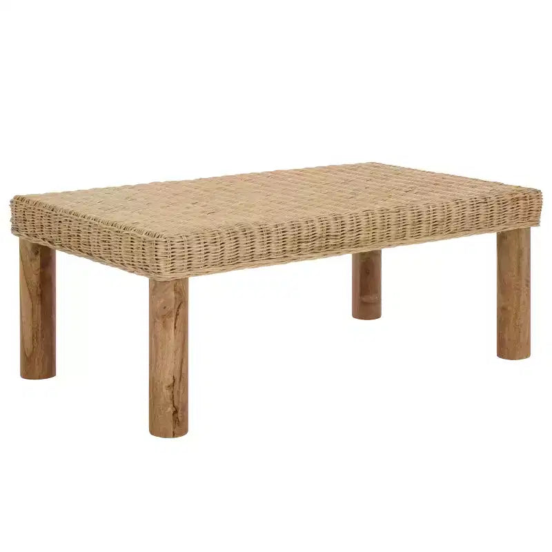 Tavolino da caffè in rattan intrecciato con struttura in legno di mango