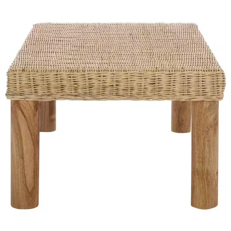 Tavolino da caffè in rattan intrecciato con struttura in legno di mango