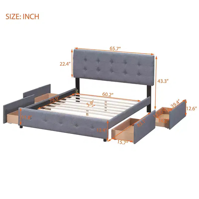 Letto a piattaforma Queen Size imbottito con testiera classica e 4 cassetti-ModernLuxe
