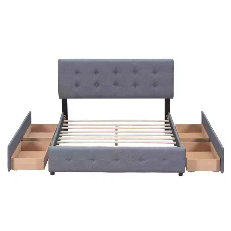 Letto a piattaforma Queen Size imbottito con testiera classica e 4 cassetti-ModernLuxe