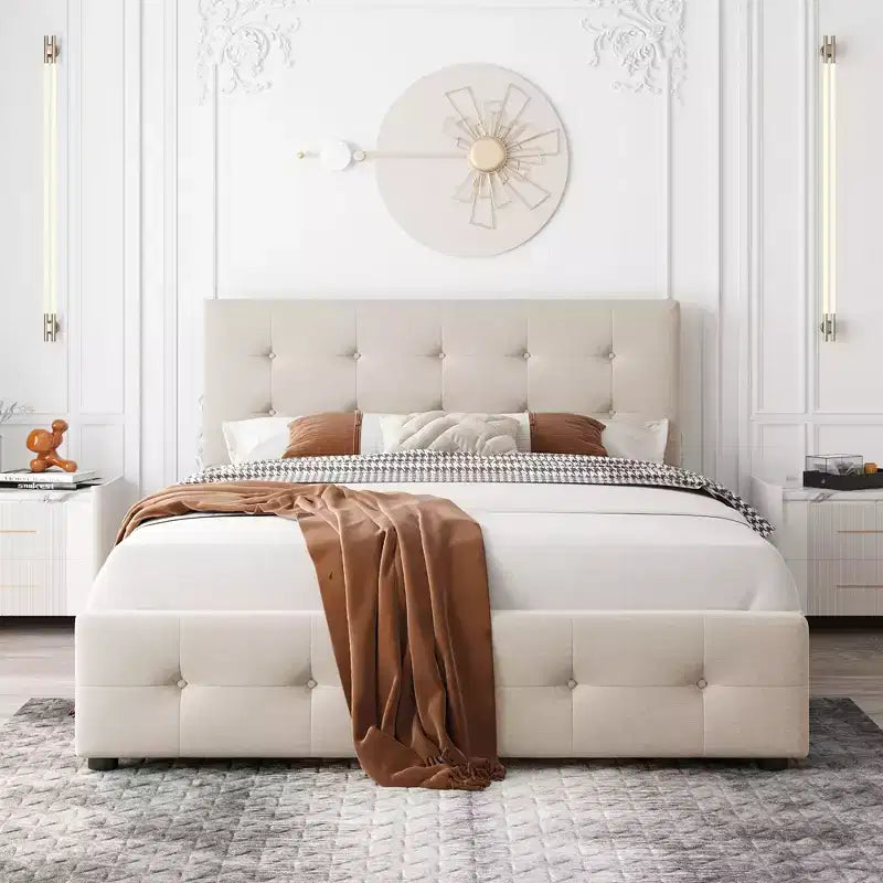 Letto a piattaforma Queen Size imbottito con testiera classica e 4 cassetti-ModernLuxe