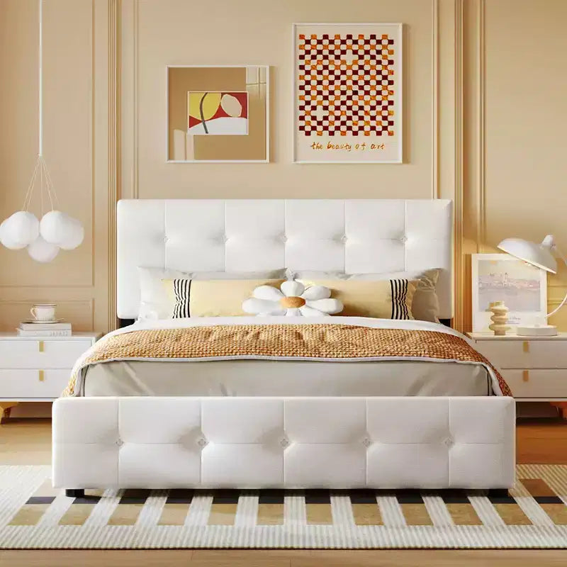 Letto a piattaforma Queen Size imbottito con testiera classica e 4 cassetti-ModernLuxe