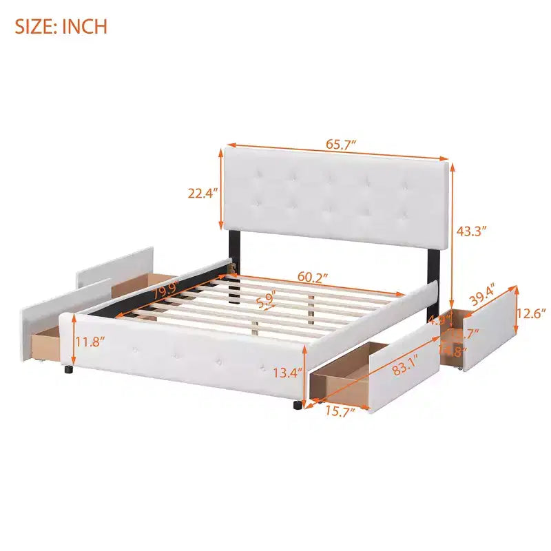 Letto a piattaforma Queen Size imbottito con testiera classica e 4 cassetti-ModernLuxe