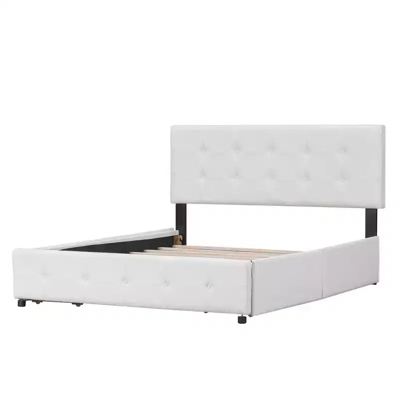 Letto a piattaforma Queen Size imbottito con testiera classica e 4 cassetti-ModernLuxe