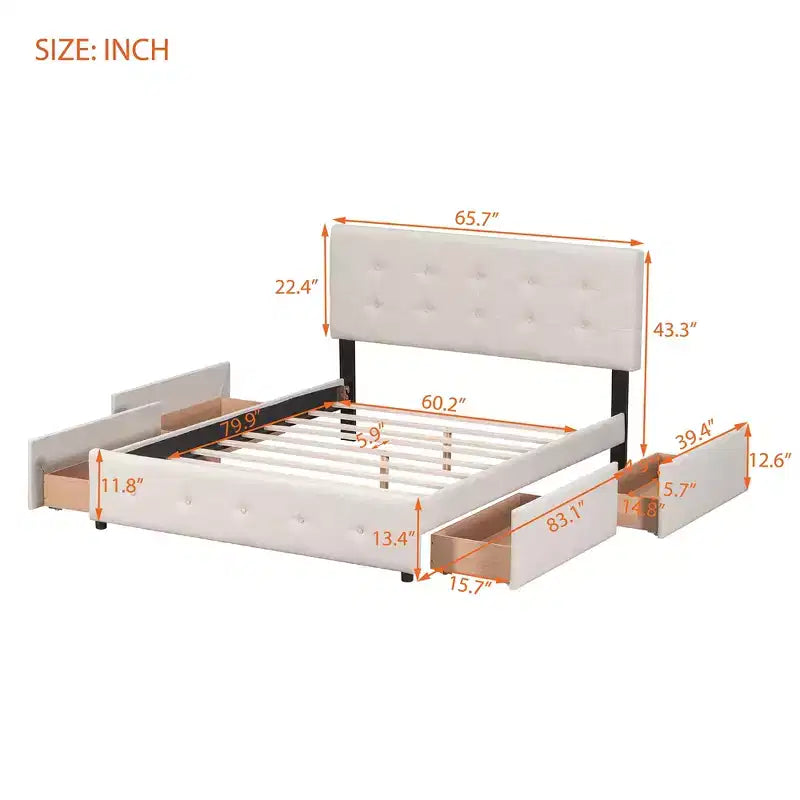 Letto a piattaforma Queen Size imbottito con testiera classica e 4 cassetti-ModernLuxe