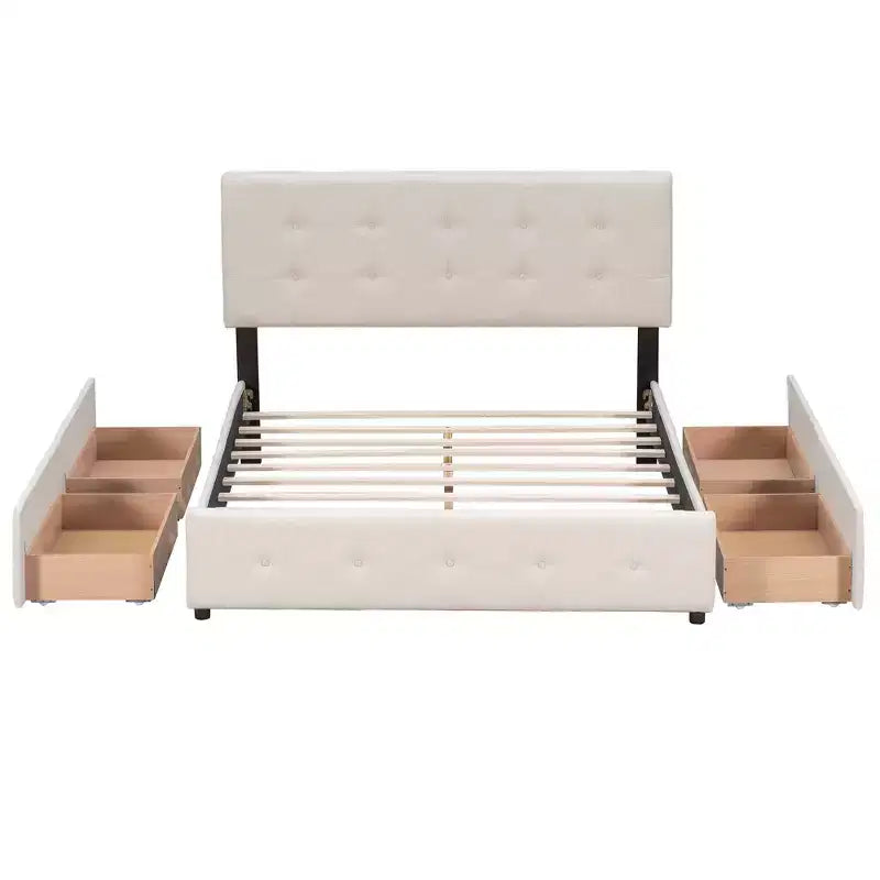 Letto a piattaforma Queen Size imbottito con testiera classica e 4 cassetti-ModernLuxe