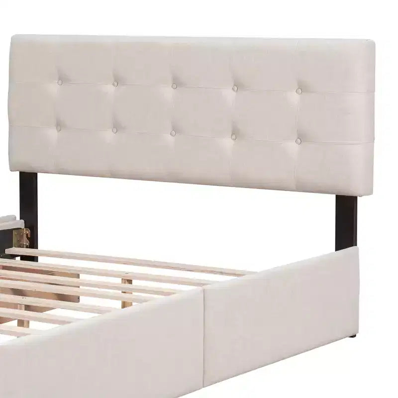 Letto a piattaforma Queen Size imbottito con testiera classica e 4 cassetti-ModernLuxe