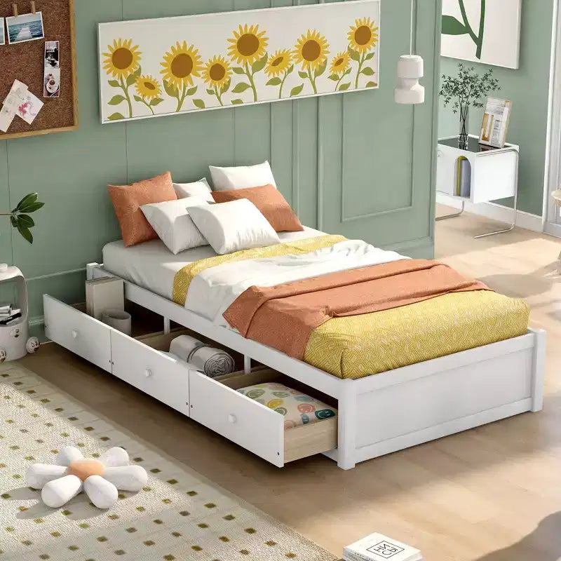 Letto a piattaforma a una piazza in legno di pino con 3 cassetti portaoggetti