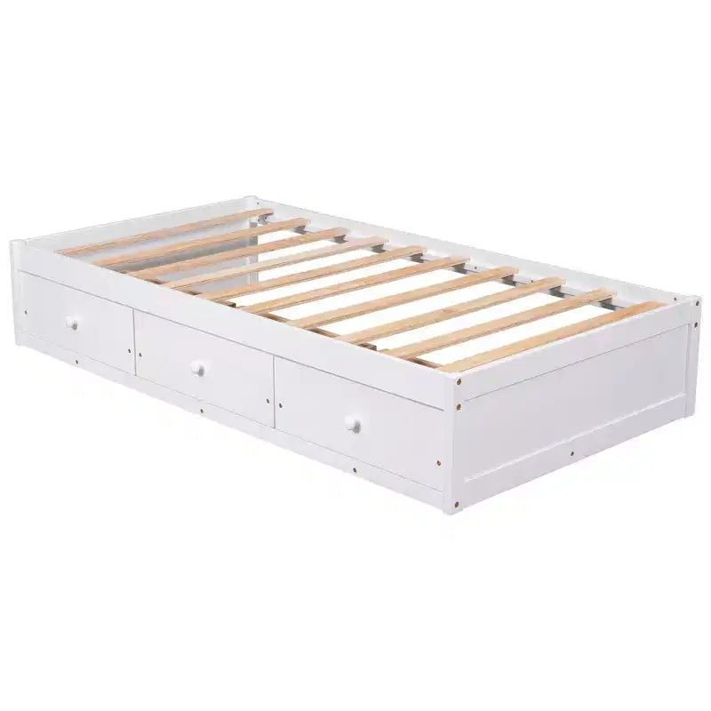 Letto a piattaforma a una piazza in legno di pino con 3 cassetti portaoggetti